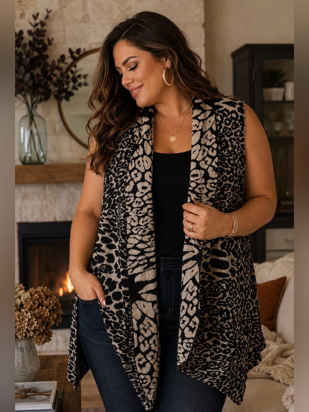 Cupio XL Animal Print Open Front Knit Vest Black Beige Longline Duster